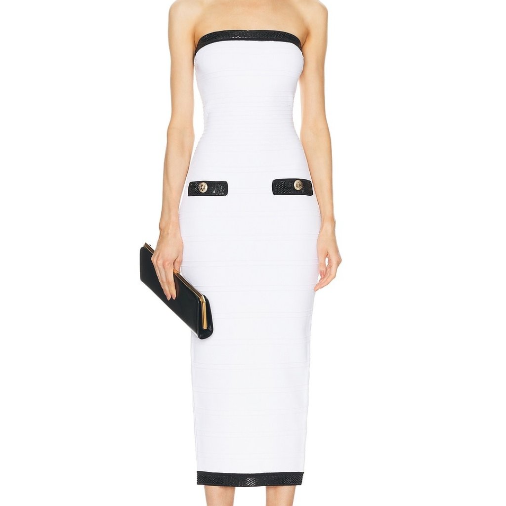 Retrofete Strapless Dress In White With Black Trim